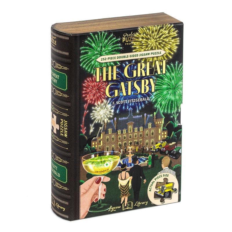 Professor Puzzle Jigsaw Library The Great Gatsby 252 Piece DoubleSided Puzzle Illustrated Book Scene 194x145 Collectible Book Shaped Box - Image 3