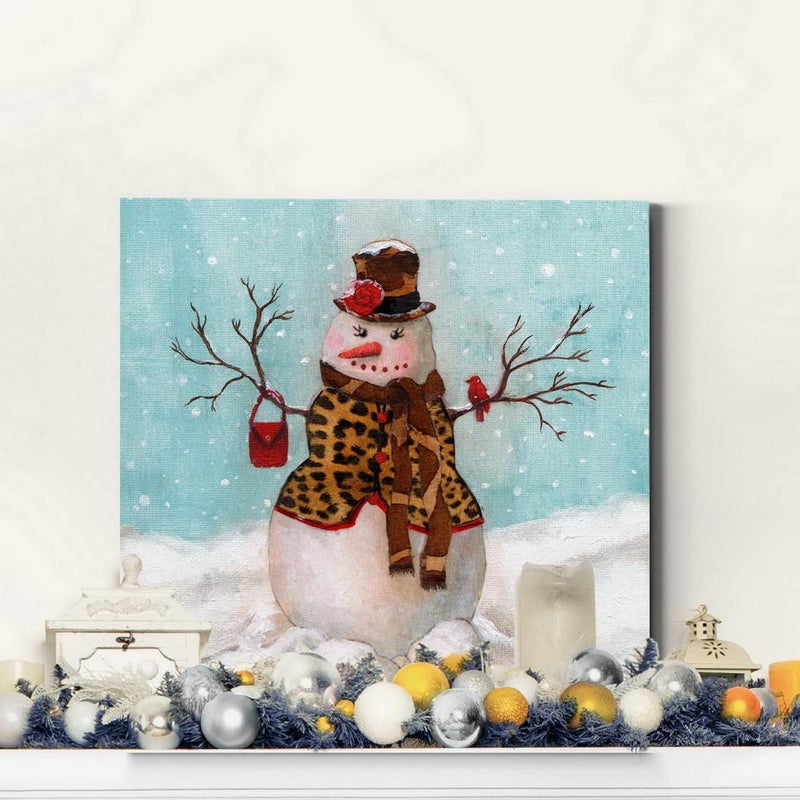 Renditions Gallery Renditions Gallery Canvas Wall Art Paintings & Prints Snowwoman with Hat & Cardinal in Winter Snow Abstract Hanging Artwork for Bedroom Home Kitchen Wall Decorations - 10""X10"" LT05 - Image 2