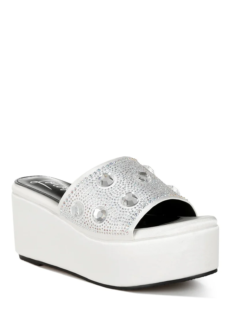 London Rag Diamante &amp; Rhinestone Flatform Sandals in White