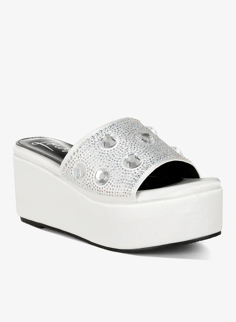 London Rag Diamante &amp; Rhinestone Flatform Sandals in White