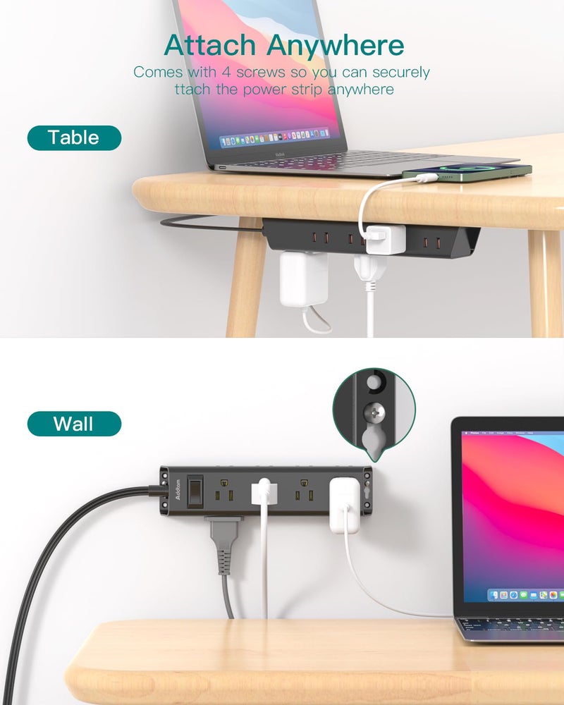 Addtam Extension Cord Flat Wall Plug - Surge Protector Power Strip with 12 Outlets, 5ft, Outlet Extender with Multiple Outlets, Wall Mount, Desk Charging Station for Home Office Dorm Room Essentials, Black - Image 4