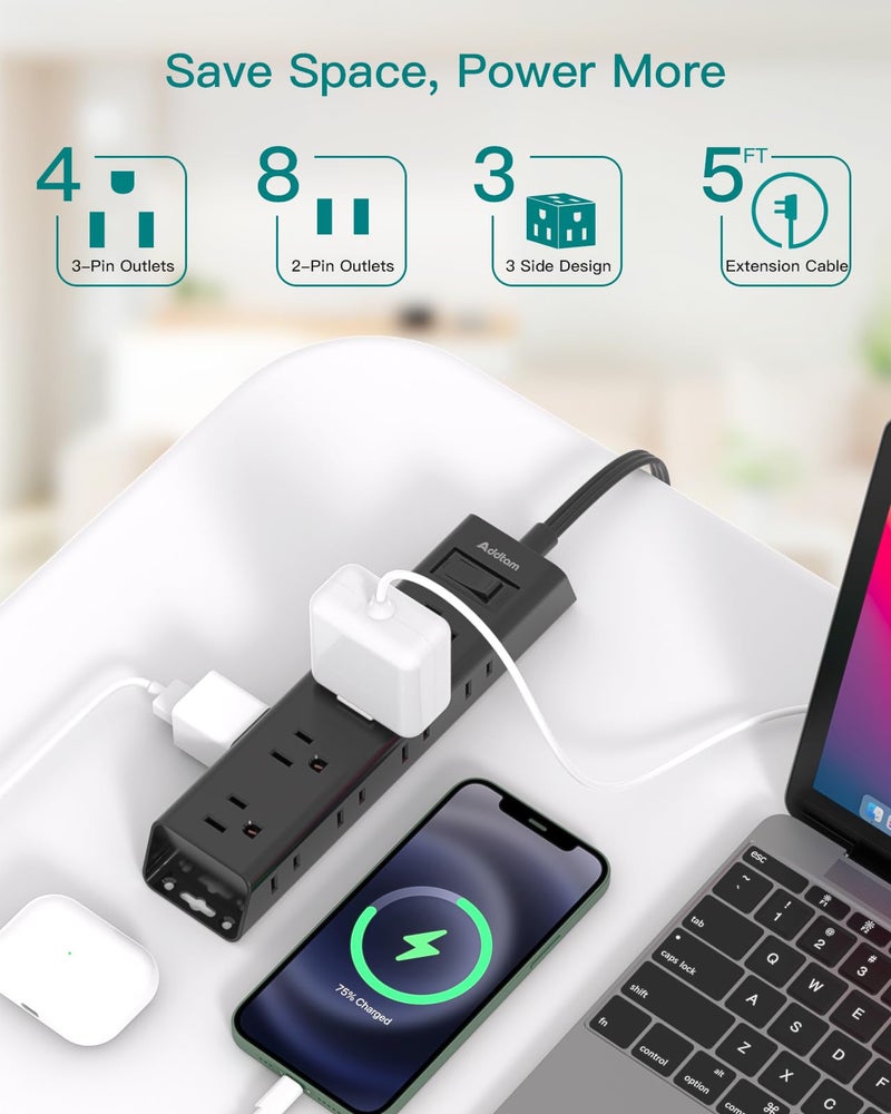 Addtam Extension Cord Flat Wall Plug - Surge Protector Power Strip with 12 Outlets, 5ft, Outlet Extender with Multiple Outlets, Wall Mount, Desk Charging Station for Home Office Dorm Room Essentials, Black - Image 2