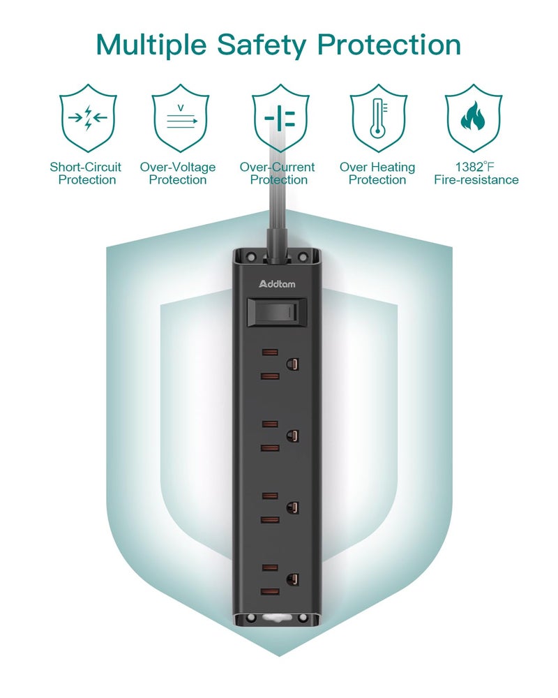 Addtam Extension Cord Flat Wall Plug - Surge Protector Power Strip with 12 Outlets, 5ft, Outlet Extender with Multiple Outlets, Wall Mount, Desk Charging Station for Home Office Dorm Room Essentials, Black - Image 5