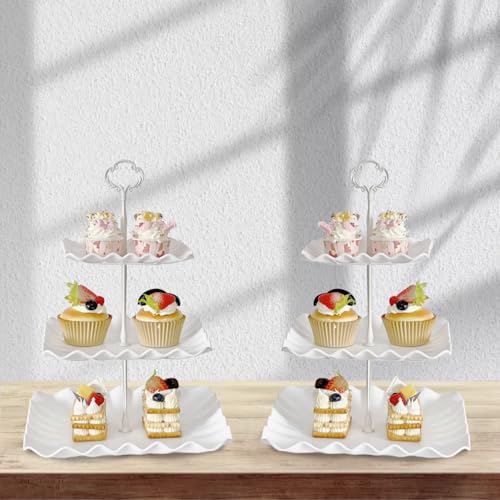 RAUVOLFIA 2 Pack of Plastic Square Dessert Cupcake Stand 3 Tier Cup Cake Holder Tower for Tea PartyBirthdayWedding Plastic Tiered Serving Tray White - Image 3