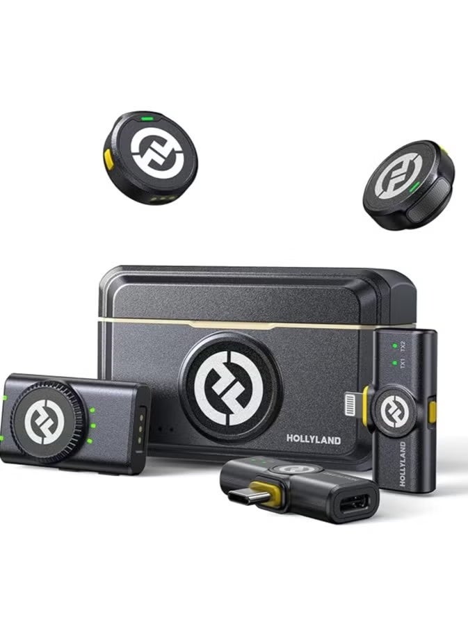 Hollyland نظام ميكروفون لاسلكي M2 للهواتف الذكية والأجهزة اللوحية والكاميرات، صوت Hi-Fi 48KHz 24Bit، مدى رؤية 1000 قدم، ميكروفون مزود بتقنية إلغاء الضوضاء مع 40 ساعة من الاستخدام الكلي لتصوير الفيديو وإنشاء المحتوى - Image 1