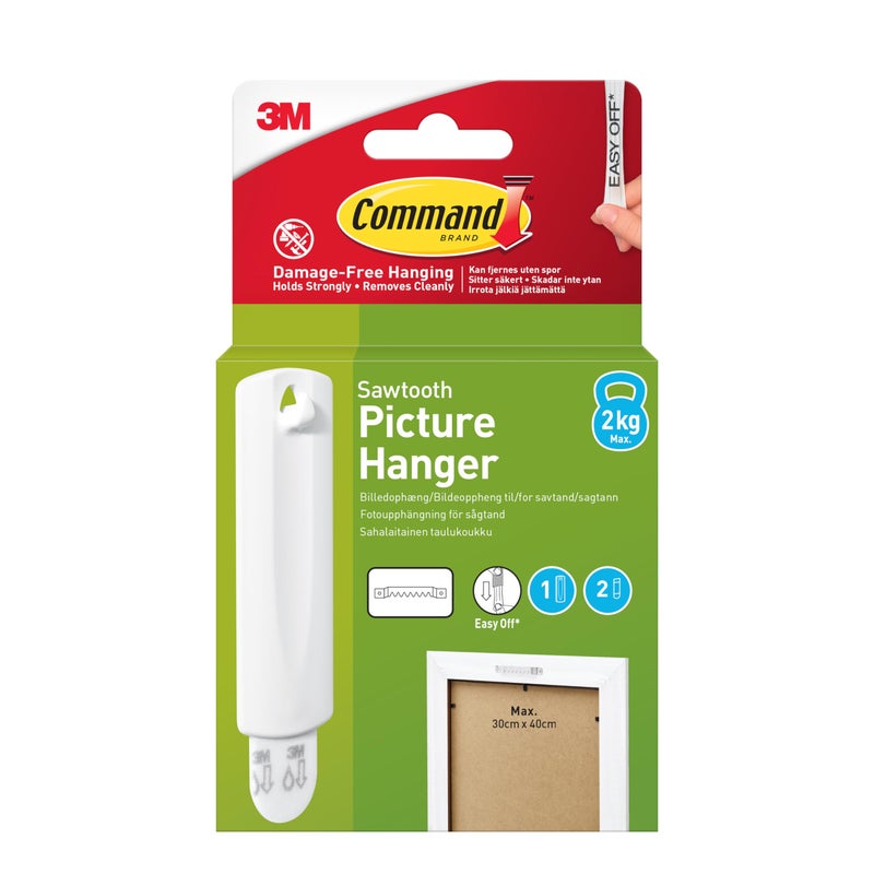 Command 17040 Sawtooth Picture Hanger Kit with Adhesive Strips - 1 Pack - Hanger Holds up to 1.8Kg (4lb) - 75 mm x 25 mm, White - Image 1