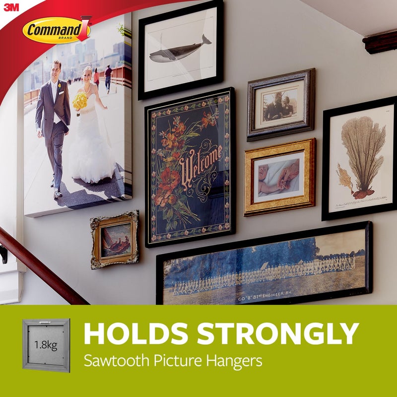 Command 17040 Sawtooth Picture Hanger Kit with Adhesive Strips - 1 Pack - Hanger Holds up to 1.8Kg (4lb) - 75 mm x 25 mm, White - Image 5