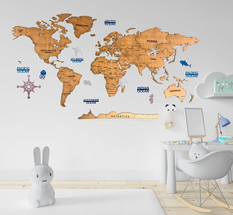 ELK خريطة العالم الخشبية ثلاثية الأبعاد لتزيين الجدران - لون خشب تيك معدني بني - ديكور منزلي مثالي لعشاق السفر حجم: 90x52 سم - Image 5