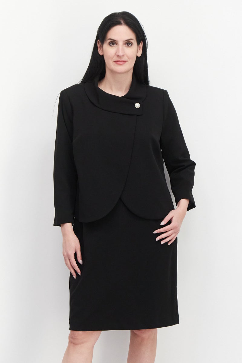 Nipon Boutique Women 2 Pcs Solid Button Front Sheath Jacket Dress Set, Black  - Image 1