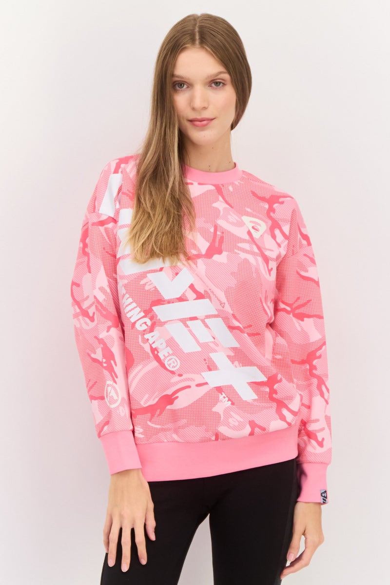 Aape By A Bathing Ape سويت شيرتات نسائية بأكمام طويلة وياقة دائرية، وردي - Image 1