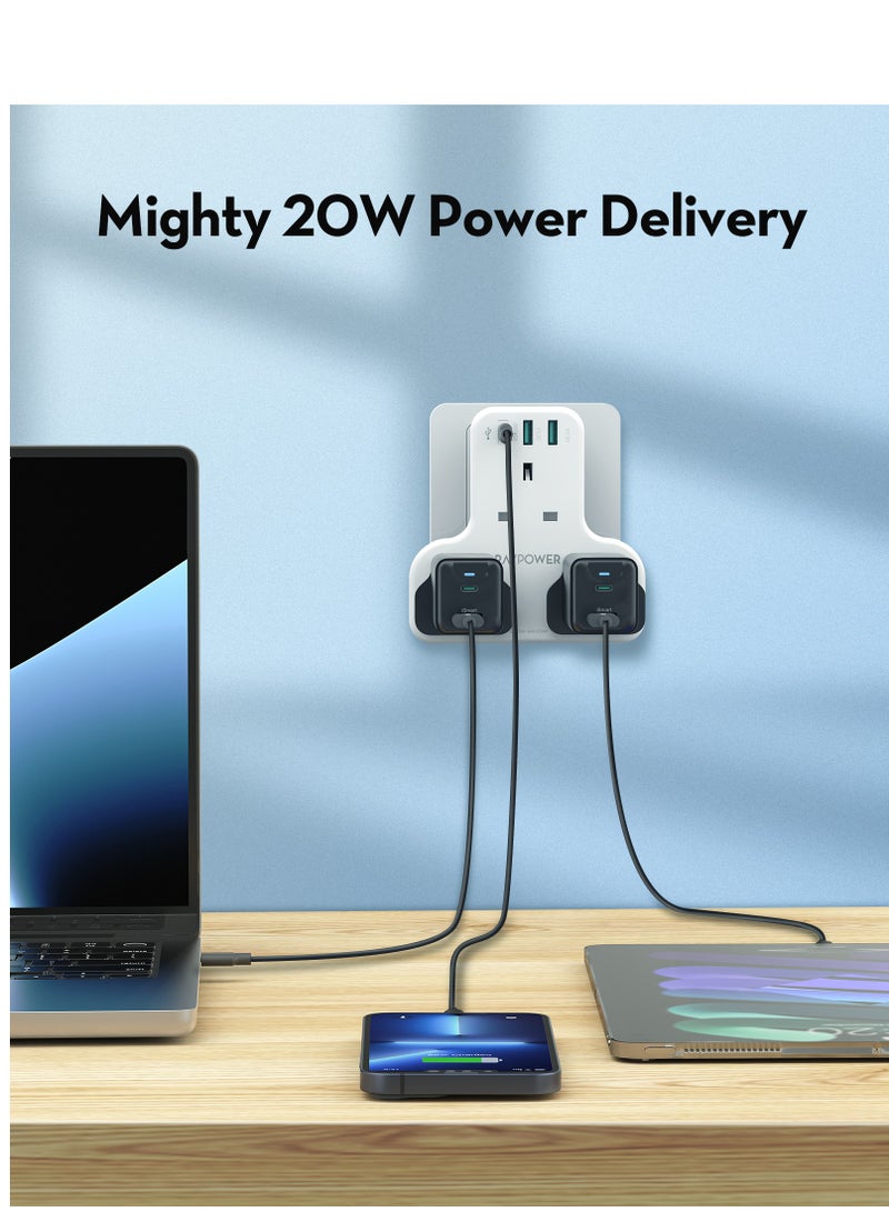 RAVPower PD Pioneer 20W 3-Port Charger (White) - Compact Triple-Port AC/USB Charging Station with UK Plug - Image 5