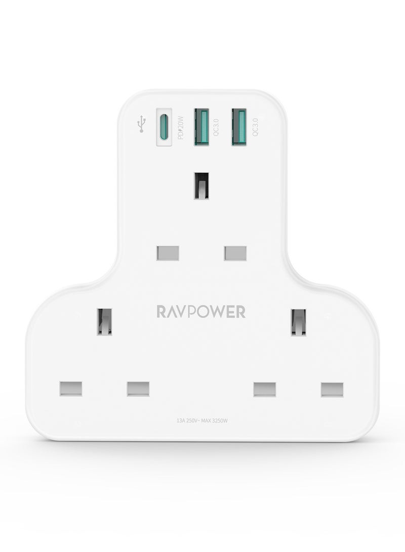 RAVPower PD Pioneer 20W 3-Port Charger (White) - Compact Triple-Port AC/USB Charging Station with UK Plug - Image 1
