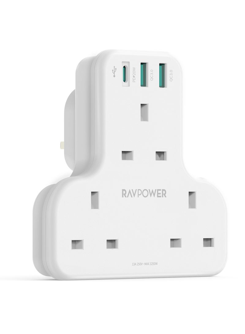 RAVPower PD Pioneer 20W 3-Port Charger (White) - Compact Triple-Port AC/USB Charging Station with UK Plug - Image 2