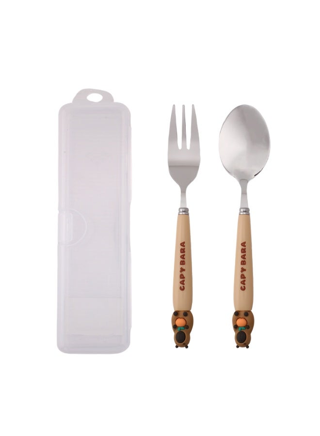 CRAVISTA CapyBara Design Kids Cutlery Set with Case - 2-Piece Stainless Steel BPA Free Cutlery Set Includes Spoon, Fork and Case for Lunch Box, Picnic and Travel (Brown w/Apple) - Image 1
