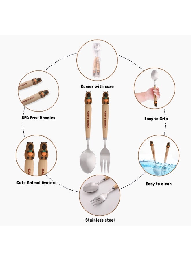 CRAVISTA CapyBara Design Kids Cutlery Set with Case - 2-Piece Stainless Steel BPA Free Cutlery Set Includes Spoon, Fork and Case for Lunch Box, Picnic and Travel (Brown w/Apple) - Image 3