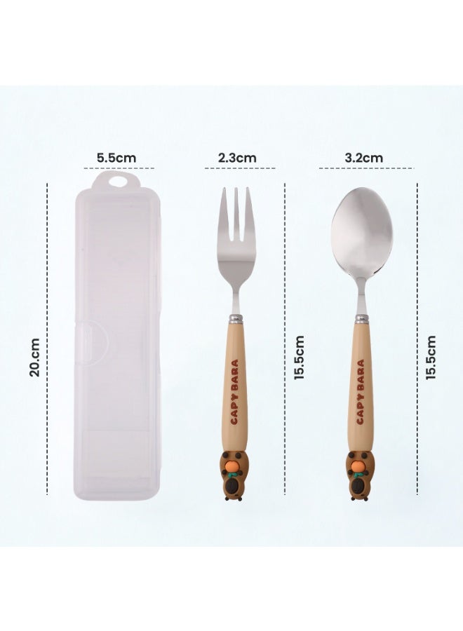 CRAVISTA CapyBara Design Kids Cutlery Set with Case - 2-Piece Stainless Steel BPA Free Cutlery Set Includes Spoon, Fork and Case for Lunch Box, Picnic and Travel (Brown w/Apple) - Image 4