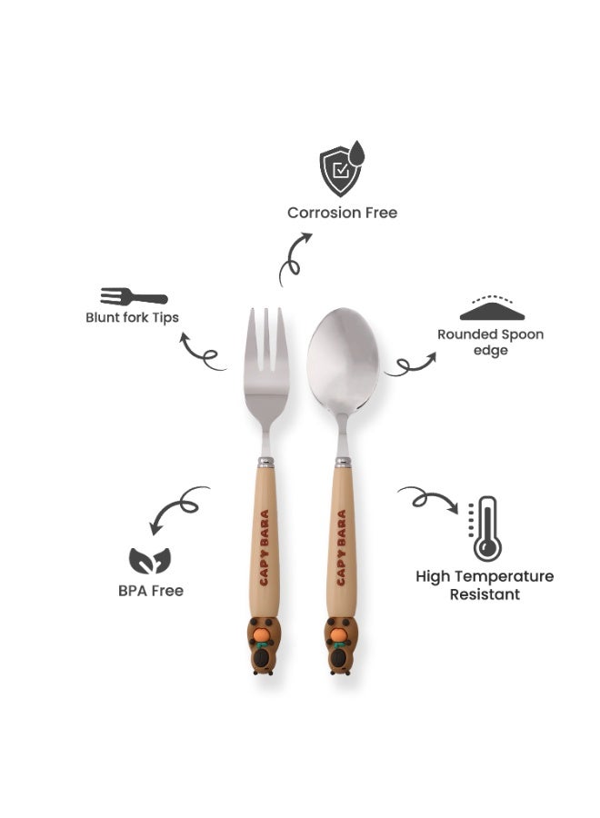 CRAVISTA CapyBara Design Kids Cutlery Set with Case - 2-Piece Stainless Steel BPA Free Cutlery Set Includes Spoon, Fork and Case for Lunch Box, Picnic and Travel (Brown w/Apple) - Image 2