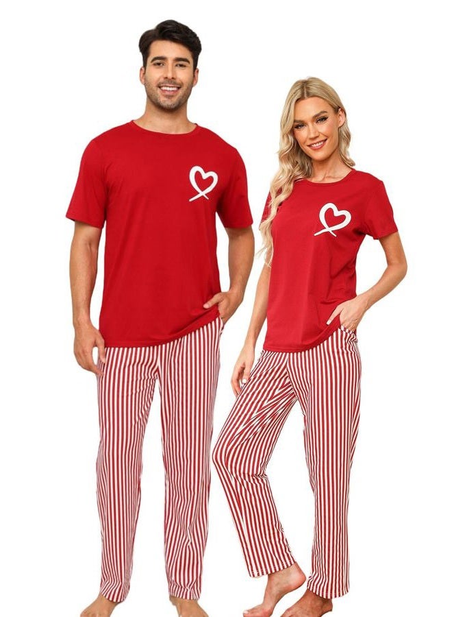 EISHOPEER Cotton Matching Pajamas for Couples Cute Printed Short Sleeve Top & Long Pants Sleepwear Pjs Sets, Wine Red Striped, S - Image 1