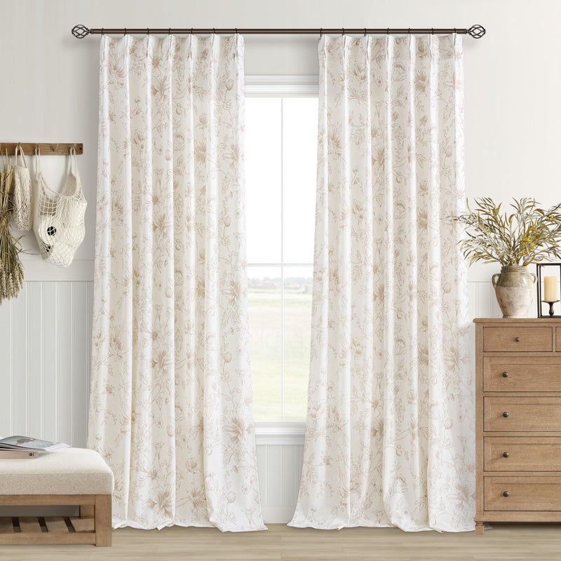 BILEEHOME Tan Beige Floral 90 Inch Curtains for Living Dining Room Bedroom Pinch Pleat Light Filtering Linen Curtains Coffee Flower Pattern Printed French Country Boho Vintage Plated Drapes 90 Inches Long - Image 1