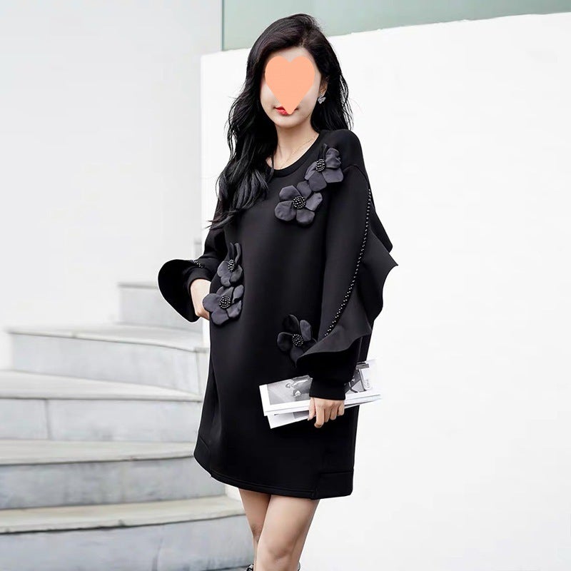 Design Niche Mid-Length Round Neck Sweatshirt Dress for Women 2024 Spring  Fall European Loose Knitted Flower Lotus Leaf Dress black