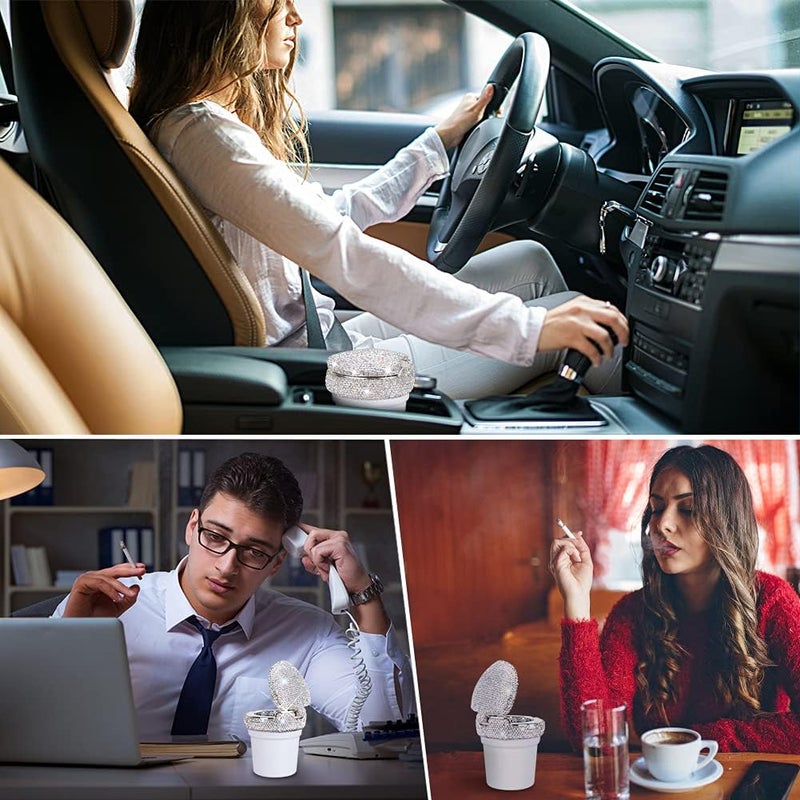eing Car Ashtray Portable Bling Cigarette Smokeless Cylinder Cup Holder with Blue LED Light Indicator,Car Accessories for Women,Ideal for Car,Home and Office,2 - Pack White - Image 4