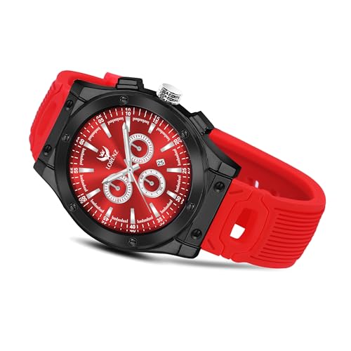 LORENZ Chronograph Watch, Black Case with Red Dial, Waterproof Silicone Strap, Sports Design - Image 4