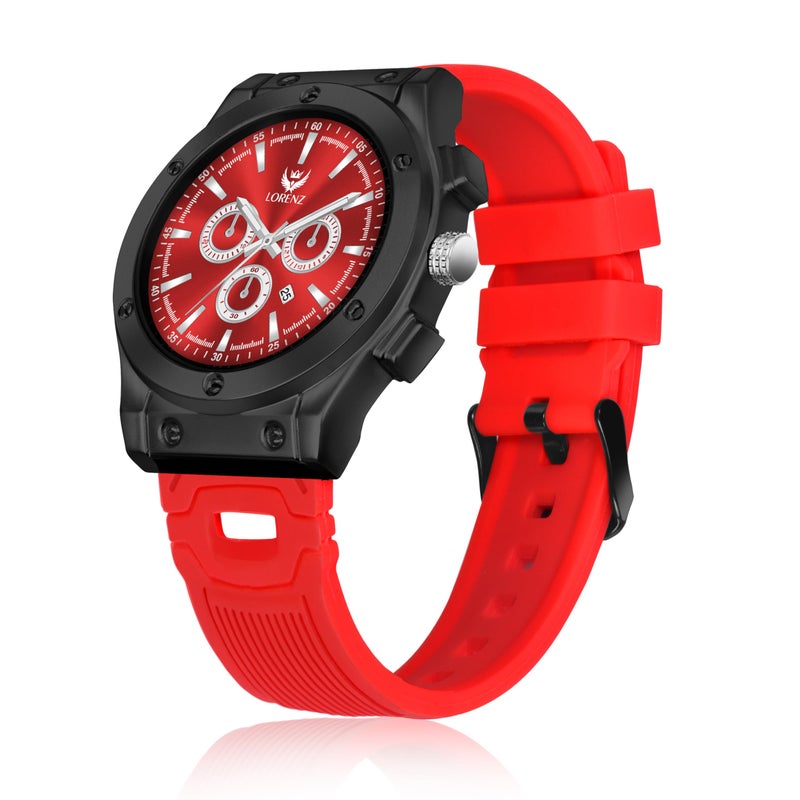 LORENZ Chronograph Watch, Black Case with Red Dial, Waterproof Silicone Strap, Sports Design - Image 5