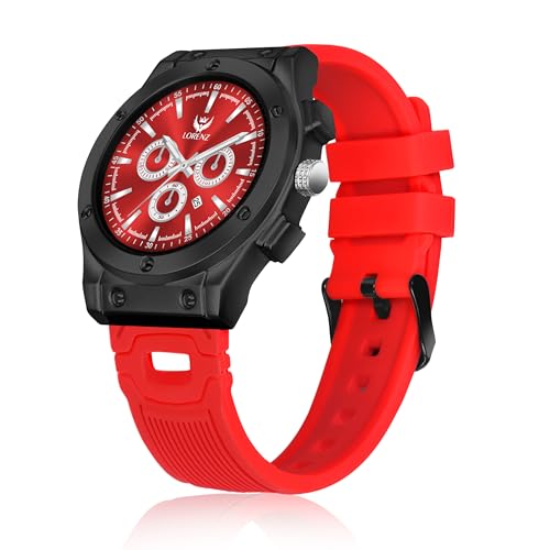 LORENZ Chronograph Watch, Black Case with Red Dial, Waterproof Silicone Strap, Sports Design - Image 1