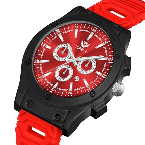 LORENZ Chronograph Watch, Black Case with Red Dial, Waterproof Silicone Strap, Sports Design - Image 2