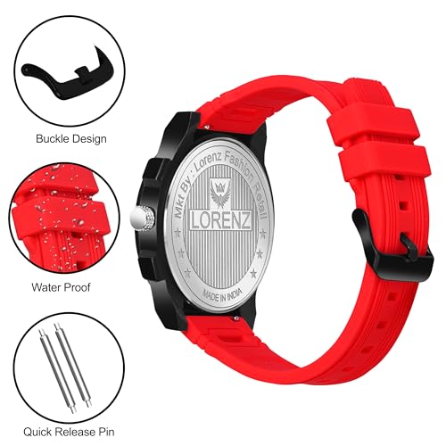 LORENZ Chronograph Watch, Black Case with Red Dial, Waterproof Silicone Strap, Sports Design - Image 3