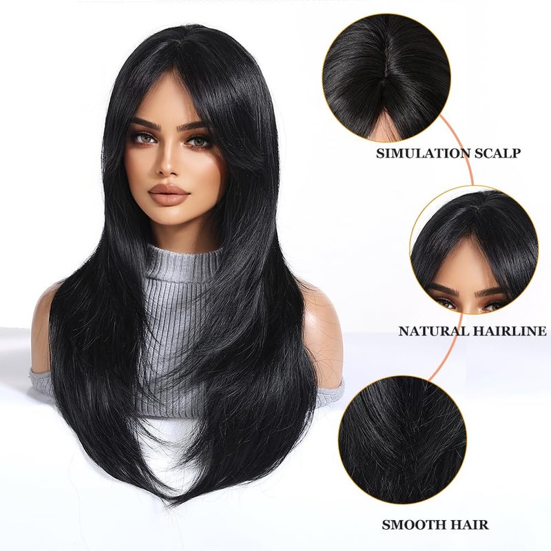 Esmee Long Straight Black Wigs for Women Synthetic Layered Brunette Synthetic Hair Wig with Fringe for Daily Party Cosplay Use-24 Inches - Image 3