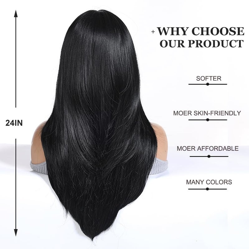 Esmee Long Straight Black Wigs for Women Synthetic Layered Brunette Synthetic Hair Wig with Fringe for Daily Party Cosplay Use-24 Inches - Image 4
