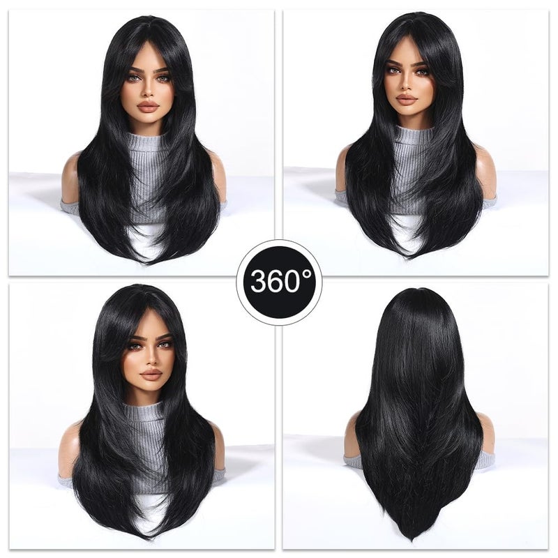 Esmee Long Straight Black Wigs for Women Synthetic Layered Brunette Synthetic Hair Wig with Fringe for Daily Party Cosplay Use-24 Inches - Image 5