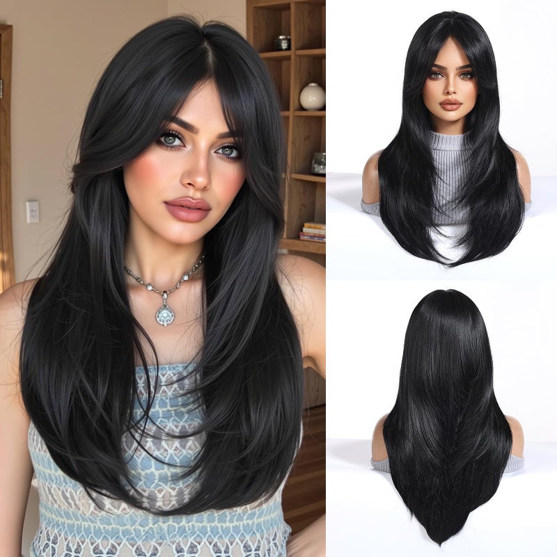 Esmee Long Straight Black Wigs for Women Synthetic Layered Brunette Synthetic Hair Wig with Fringe for Daily Party Cosplay Use-24 Inches - Image 1