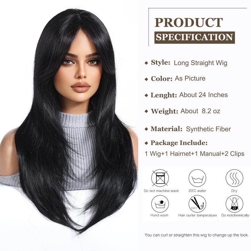 Esmee Long Straight Black Wigs for Women Synthetic Layered Brunette Synthetic Hair Wig with Fringe for Daily Party Cosplay Use-24 Inches - Image 2