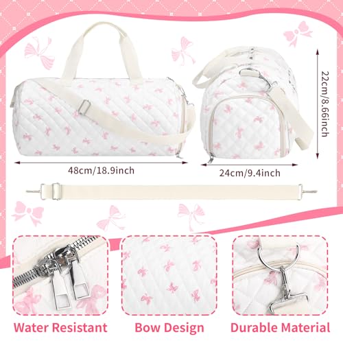Dansydaisy Quilted Duffle Bag for Women Cotton Pink Bow Dance Bag with Adjustable Carry Strap and Handy Pouch Floral Backpack for Dancers - Image 3