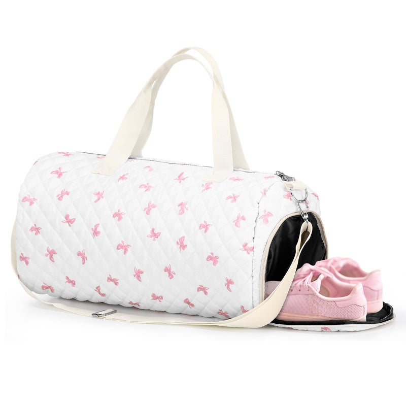 Dansydaisy Quilted Duffle Bag for Women Cotton Pink Bow Dance Bag with Adjustable Carry Strap and Handy Pouch Floral Backpack for Dancers - Image 2