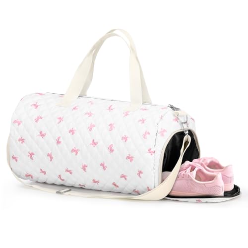 Dansydaisy Quilted Duffle Bag for Women Cotton Pink Bow Dance Bag with Adjustable Carry Strap and Handy Pouch Floral Backpack for Dancers - Image 1