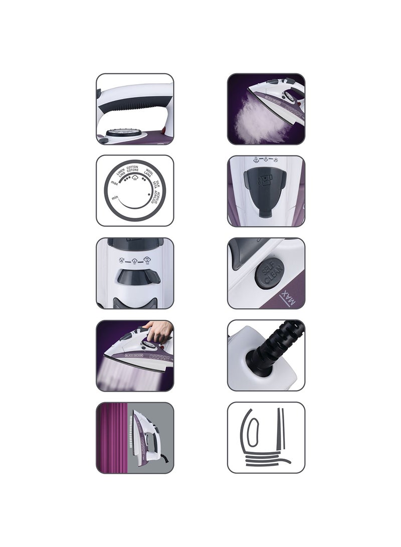 BLACK+DECKER Steam Iron - Ceramic Coated Soleplate with Anti Calc Drip Self Clean and Auto Shutoff  - Removes Stubborn Creases Quickly Easily 220 ml 1750 W X1750-B5 White/Purple - Image 5