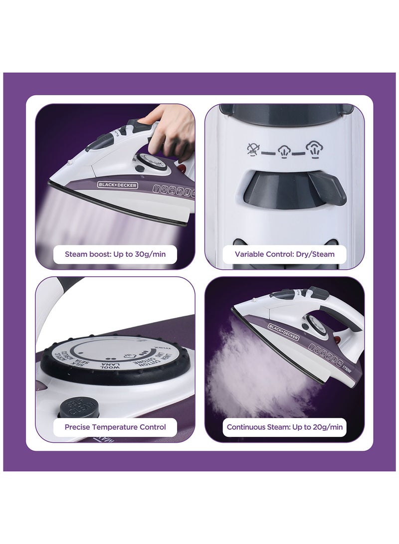 BLACK+DECKER Steam Iron - Ceramic Coated Soleplate with Anti Calc Drip Self Clean and Auto Shutoff  - Removes Stubborn Creases Quickly Easily 220 ml 1750 W X1750-B5 White/Purple - Image 4