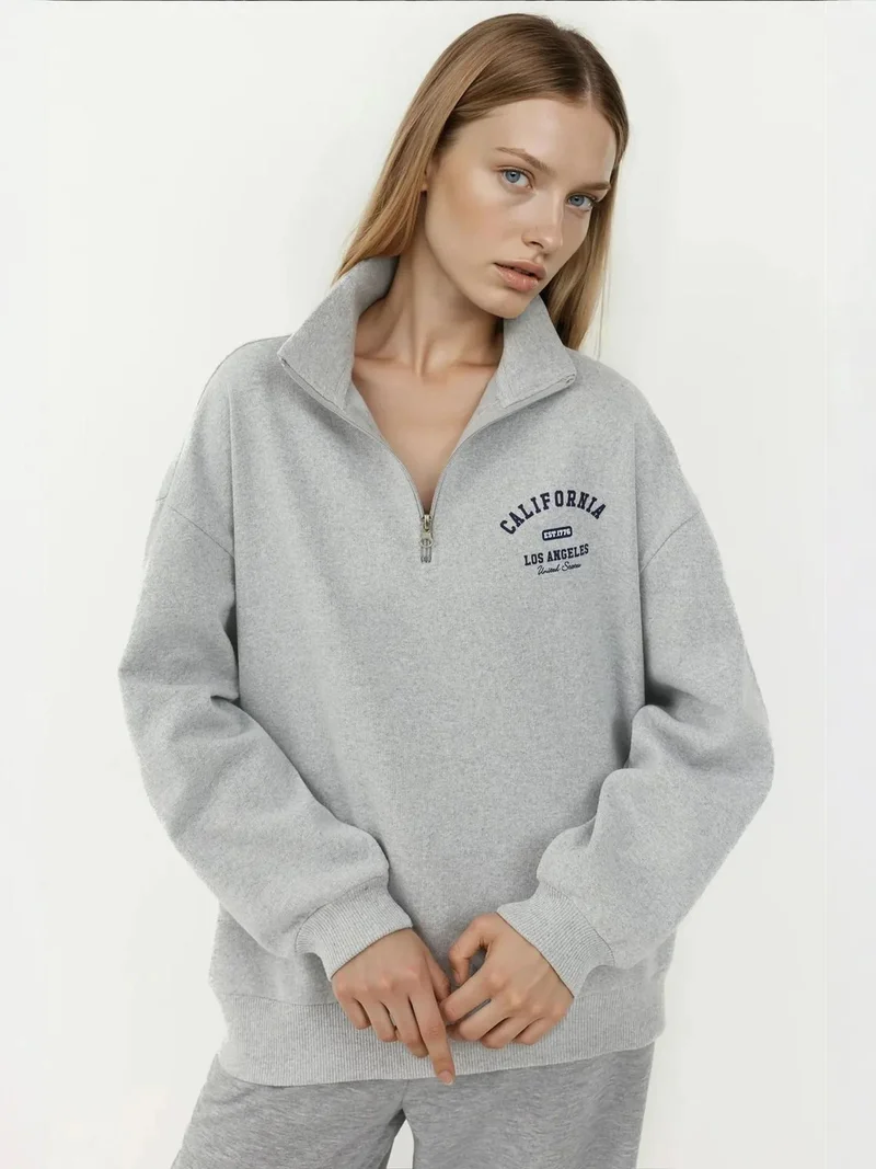 HICCUP Printed Zipper Collar Relaxed Fit Sweatshirt