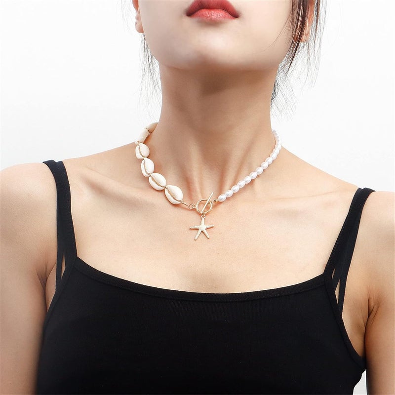 cheekyglo Punk Imitation Pearl Beaded Choker Summer Beach Necklaces Collar Jewelry Starfish Shell Pendant Necklaces for Women Neck Jewelry - Image 1