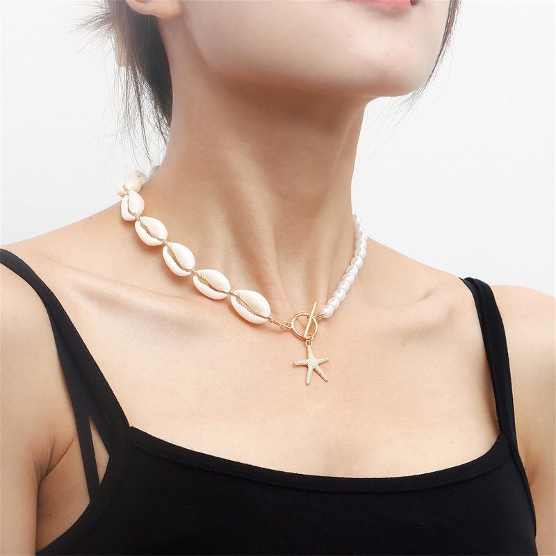 cheekyglo Punk Imitation Pearl Beaded Choker Summer Beach Necklaces Collar Jewelry Starfish Shell Pendant Necklaces for Women Neck Jewelry - Image 4