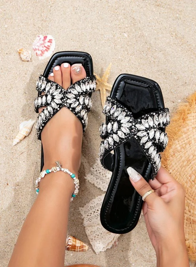 Take Two  Black Flat Sandals with Embellished Straps for Women | Best Price UAE