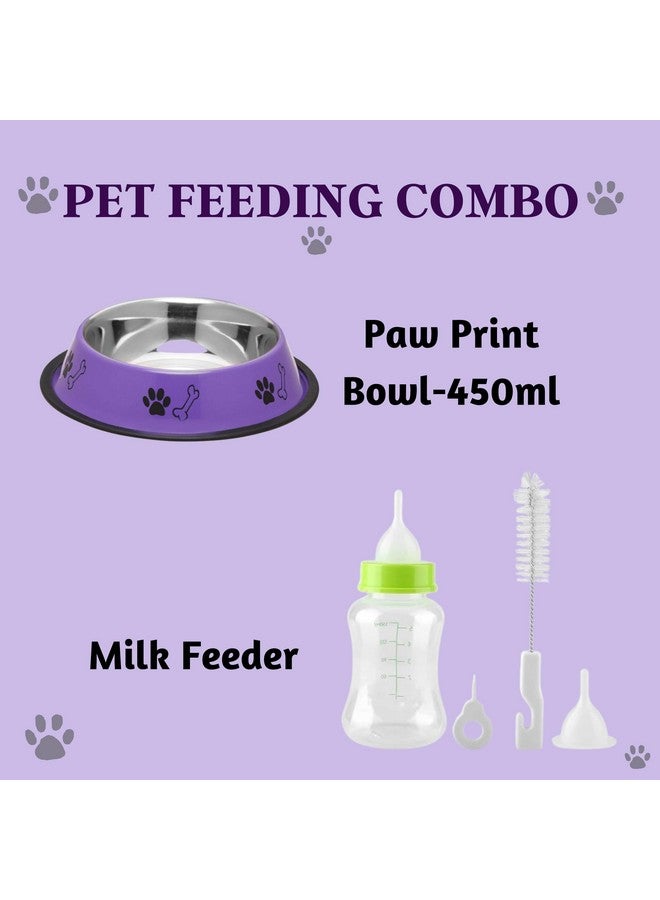 مجموعة وعاء الماء والطعام وزجاجة التغذية للحيوانات الأليفة للكلاب الصغيرة والجراء والقطط والقطط الصغيرة والحيوانات الأليفة الصغيرة الأخرى - (وعاء مطبوع، 450 مل + زجاجة حليب 150 مل) (قد يختلف اللون) - Image 3