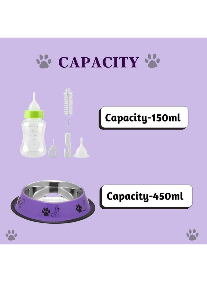 مجموعة وعاء الماء والطعام وزجاجة التغذية للحيوانات الأليفة للكلاب الصغيرة والجراء والقطط والقطط الصغيرة والحيوانات الأليفة الصغيرة الأخرى - (وعاء مطبوع، 450 مل + زجاجة حليب 150 مل) (قد يختلف اللون) - Image 2