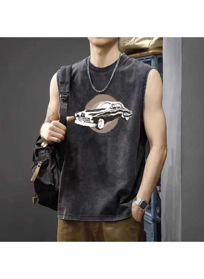 Summer New American Vintage Washed Distressed Sleeveless T-shirt Men's Loose Oversized Vest Streetwear Brand Vest T-shirt