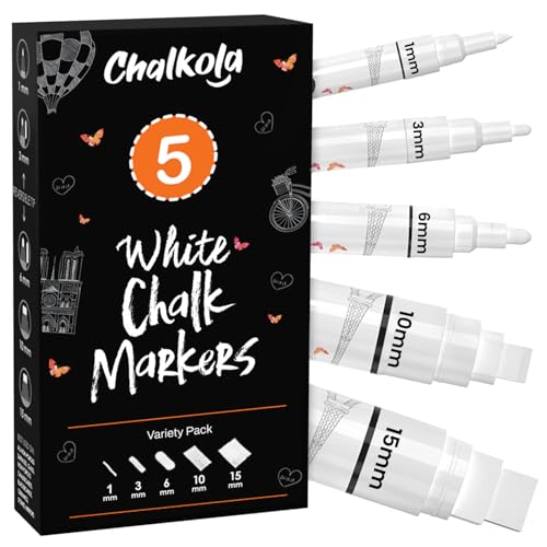 Chalkola 5 White Chalk Markers for Chalkboard Signs, Blackboard, Car Window, Bistro, Glass | 5 Variety Pack - Thin, Fine Tip, Bold & Jumbo Size Erasable Liquid Chalk Pens (1mm, 3mm, 6mm, 10mm, 15mm) - Image 1