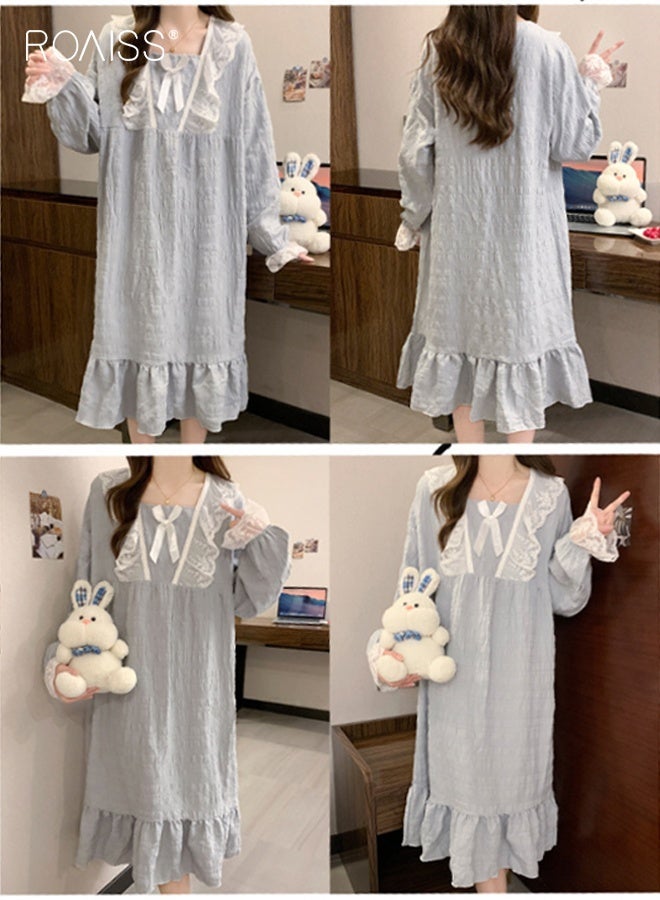 roaiss Women's Pastel Blue Long Sleeve Nightgown Ruffle Edge Cozy Loose-Fitting Sleepwear with Square Neckline and Delicate Lace Details, Perfect for Comfort Sleep - Image 3