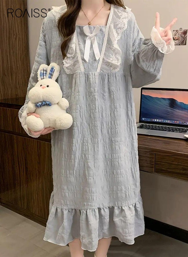 roaiss Women's Pastel Blue Long Sleeve Nightgown Ruffle Edge Cozy Loose-Fitting Sleepwear with Square Neckline and Delicate Lace Details, Perfect for Comfort Sleep - Image 2